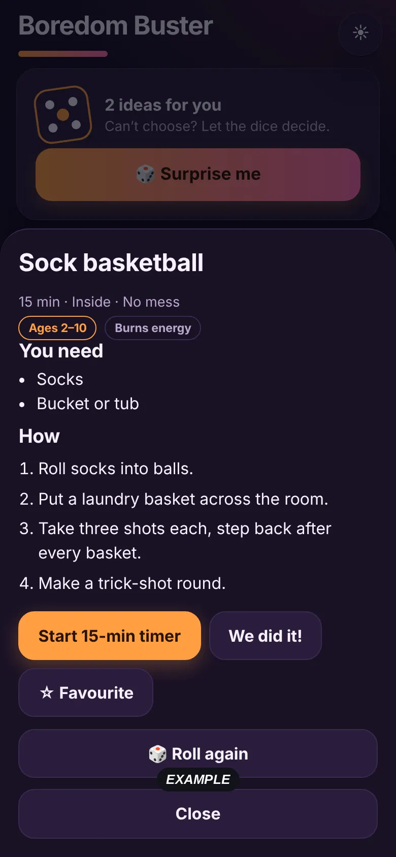 Boredom Buster: a rolled activity with what you need, steps and a timer