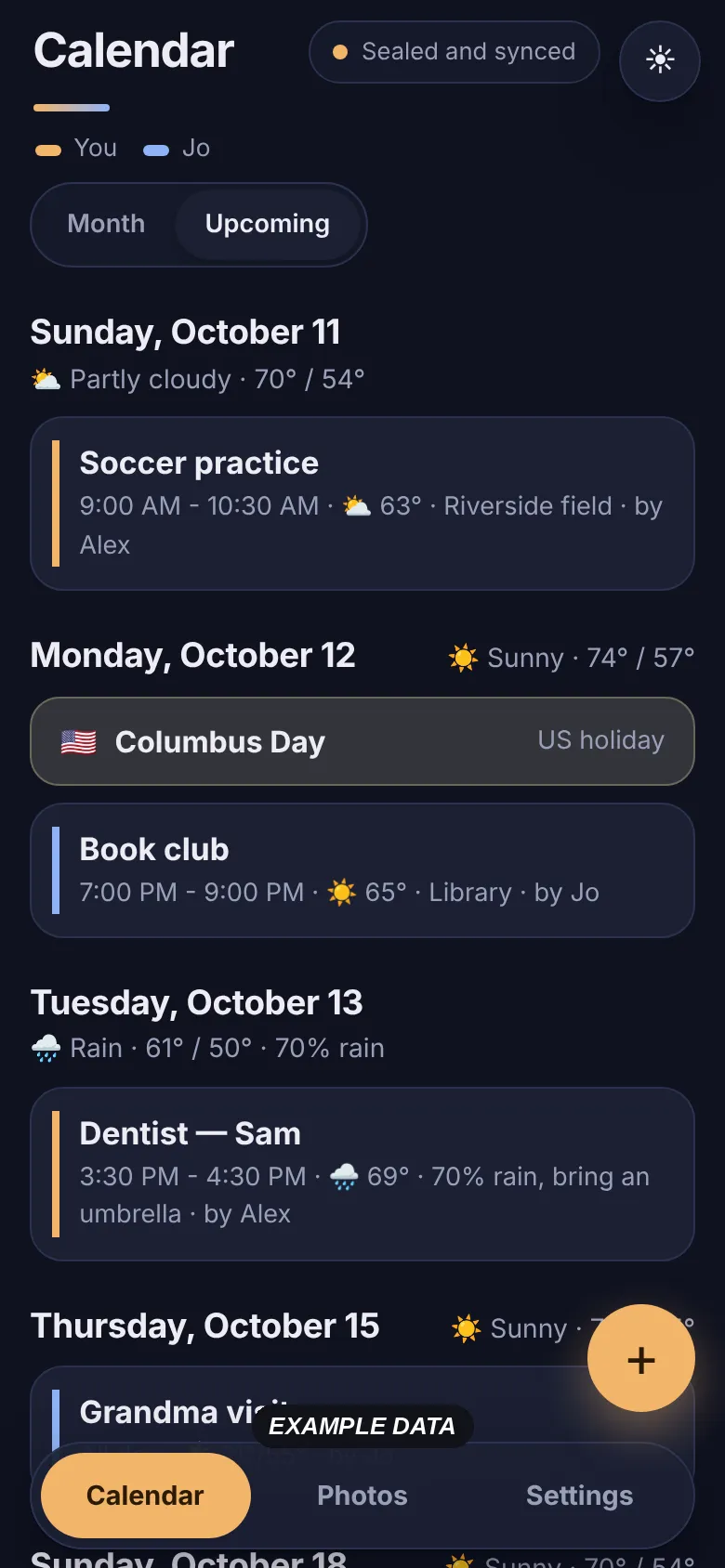 Our Calendar, upcoming view: events with the weather for each one and a US holiday marked