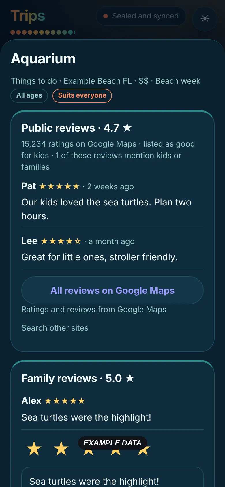 Trip Planner: one idea with public reviews from Google Maps and the family's own review