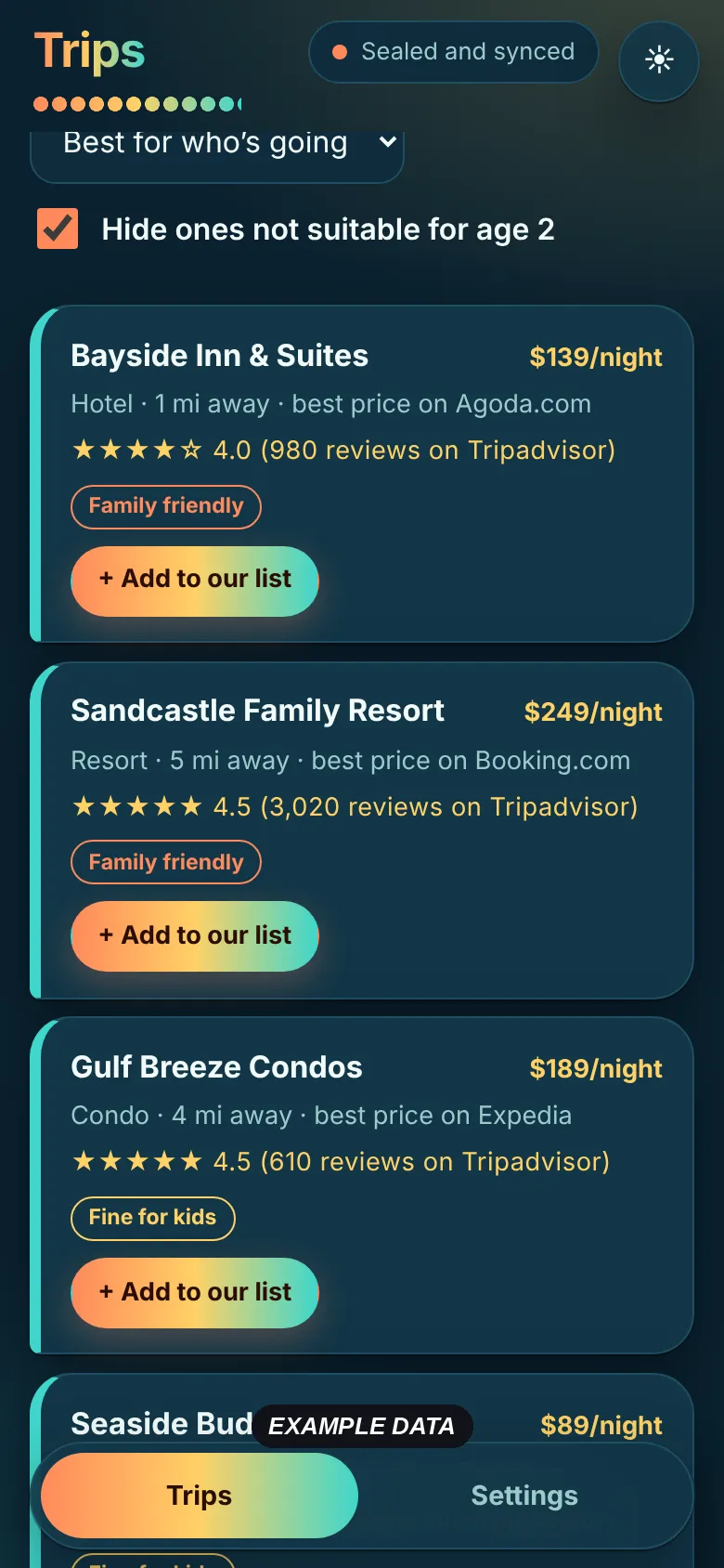 Trip Planner: places to stay with nightly prices from booking sites and Tripadvisor ratings